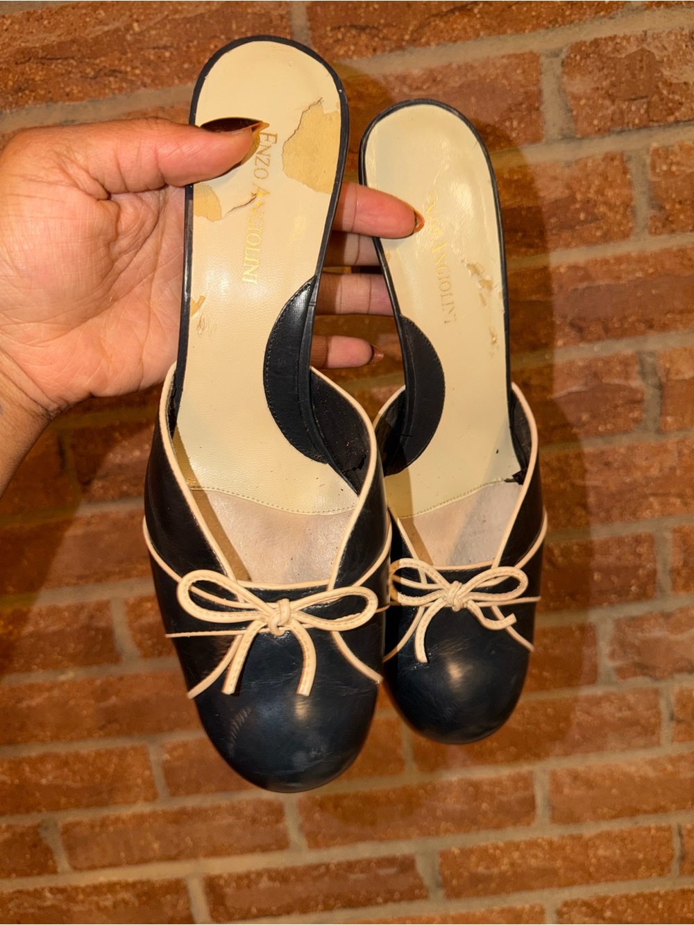 Enzo Angiolini Navy Leather Bow-Trim Block Heel Mules - Picture 3 of 7
